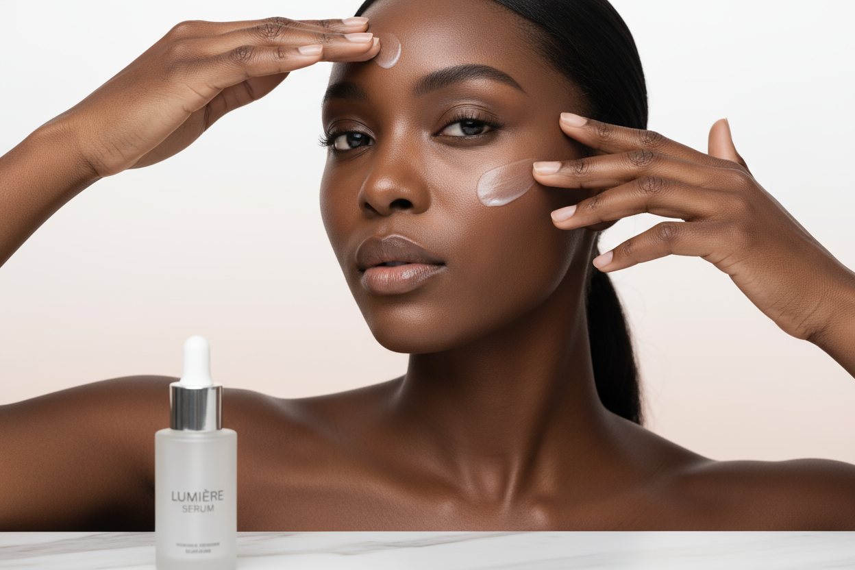 Black girl looking at camera with clear skin with a skincare product being applied